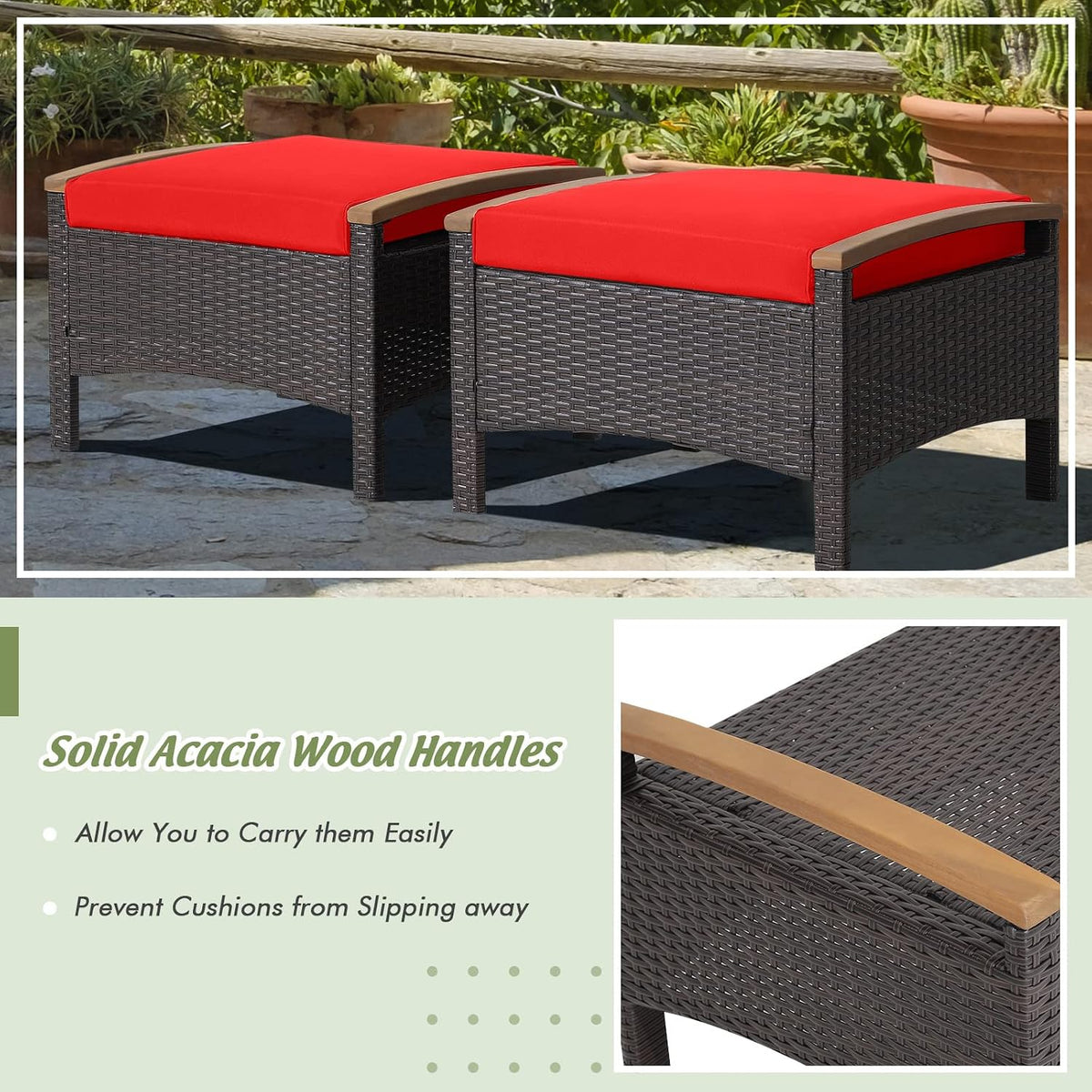 HAPPYGRILL Set of 2 Outdoor Patio Ottoman PE Rattan Wicker Ottomans with Removable Cushions and Solid Acacia Wood Handle Outdoor Footstool Footrest Set Seats and Side Table Set