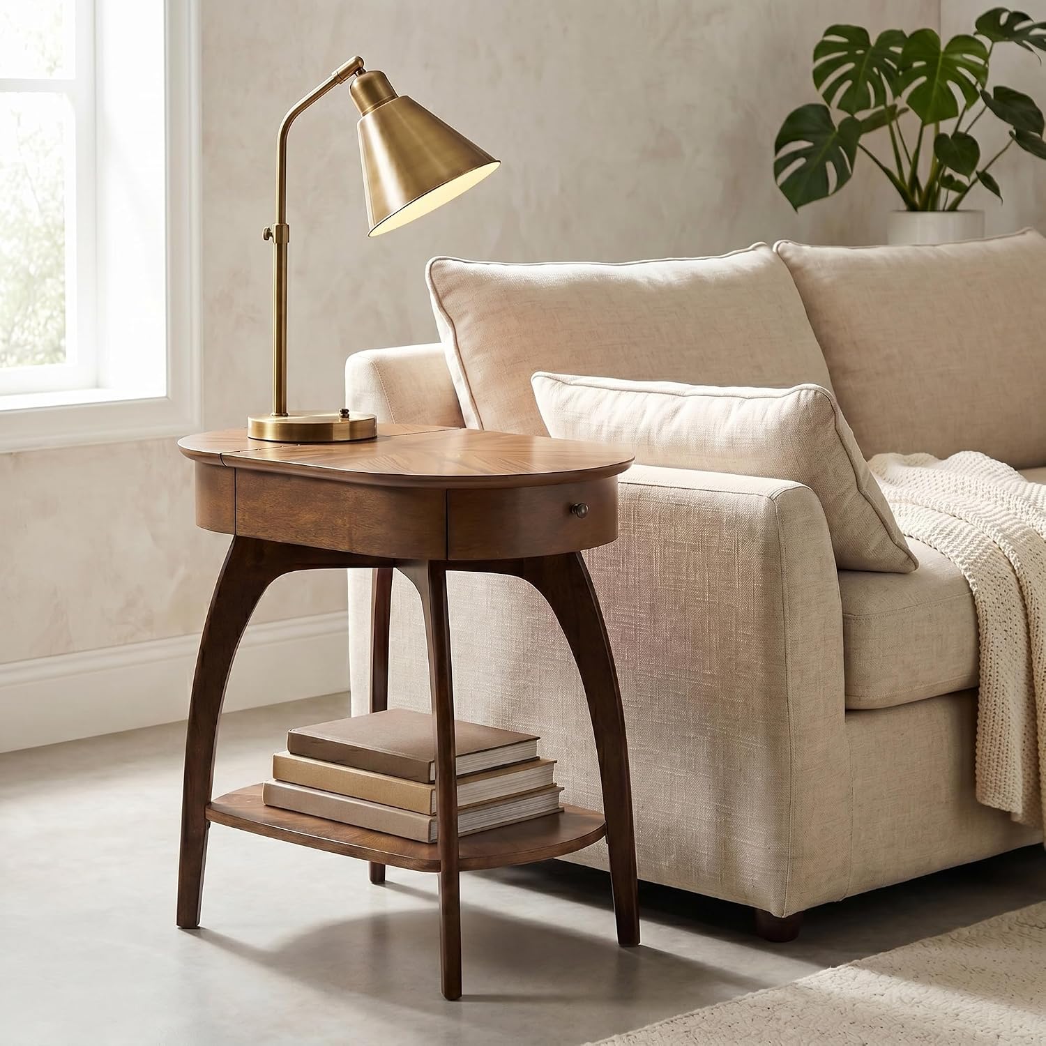 LAX Mid-Century Modern Wood Chairside End Table with USB Charging Station, Drawer and Shelf Storage. Nutmeg with Espresso Legs