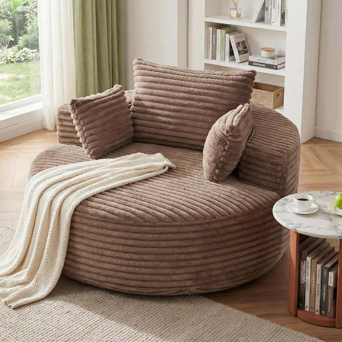 55''Oversized Round Chair Lounge Chaise Indoor, Modern Upholstered Corduroy Cloud Circle Chair with Deep Seat, Comfy Fluffy Sleeper Sofa for Living Room Bedroom No Assembly Required (Brown)