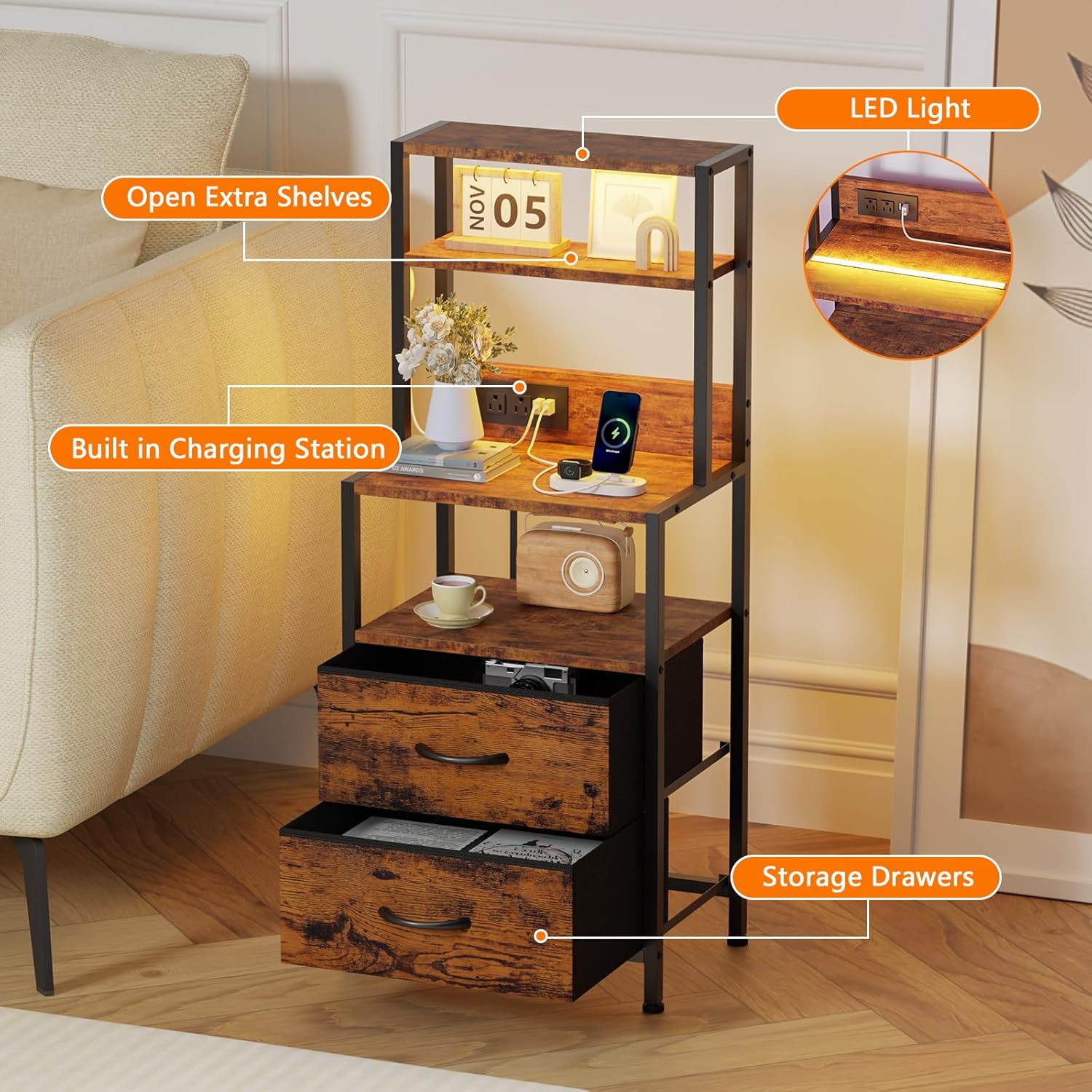 Furnulem Night Stand, Tall Nightstand with 4-Tier Shelves, 2 Fabric Drawers | RGB LED Lights, Bed Side & End Tables with Charging Station, Bedside Table for Bedroom, Office, Dorm Rustic Brown
