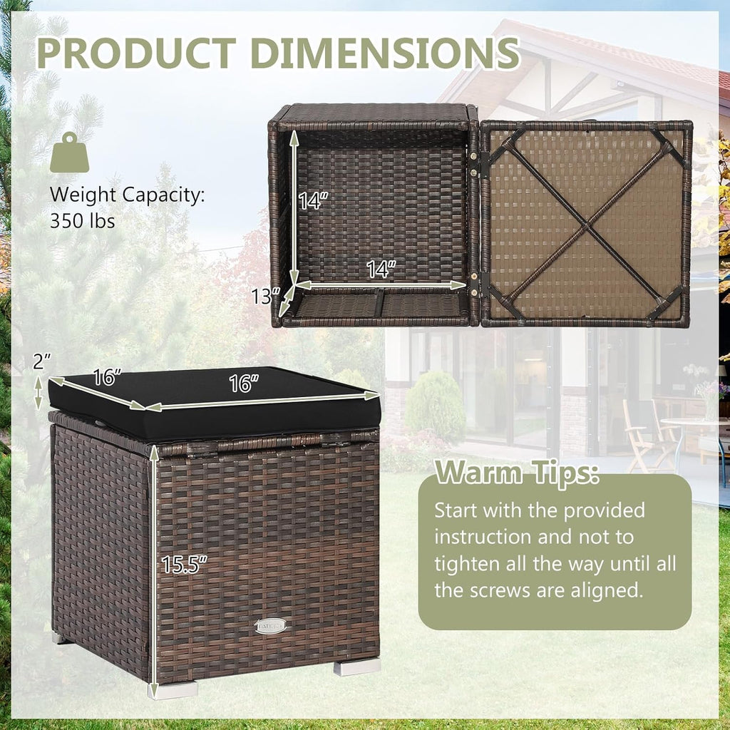 ORALNER 16" Outdoor Ottoman, Set of 2 Wicker Ottoman with Storage, All-Weather Rattan Cube Footstool w/Removable Cushion Covers, Square Foot Rest Seating for Patio, Porch, Deck, Poolside (Black)