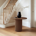 Modern Round Pedestal Dining Table with Solid Wood Base, 35'' Fluted Walnut Table for Kitchen or Small Dining Space