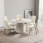 Montary 53” Modern Round Dining Table for 4-6 People, Minimalist Artificial Marble Kitchens Table with Beige Plywood PU Base, Snow Mountain White Sintered Stone Top Dining Room Table