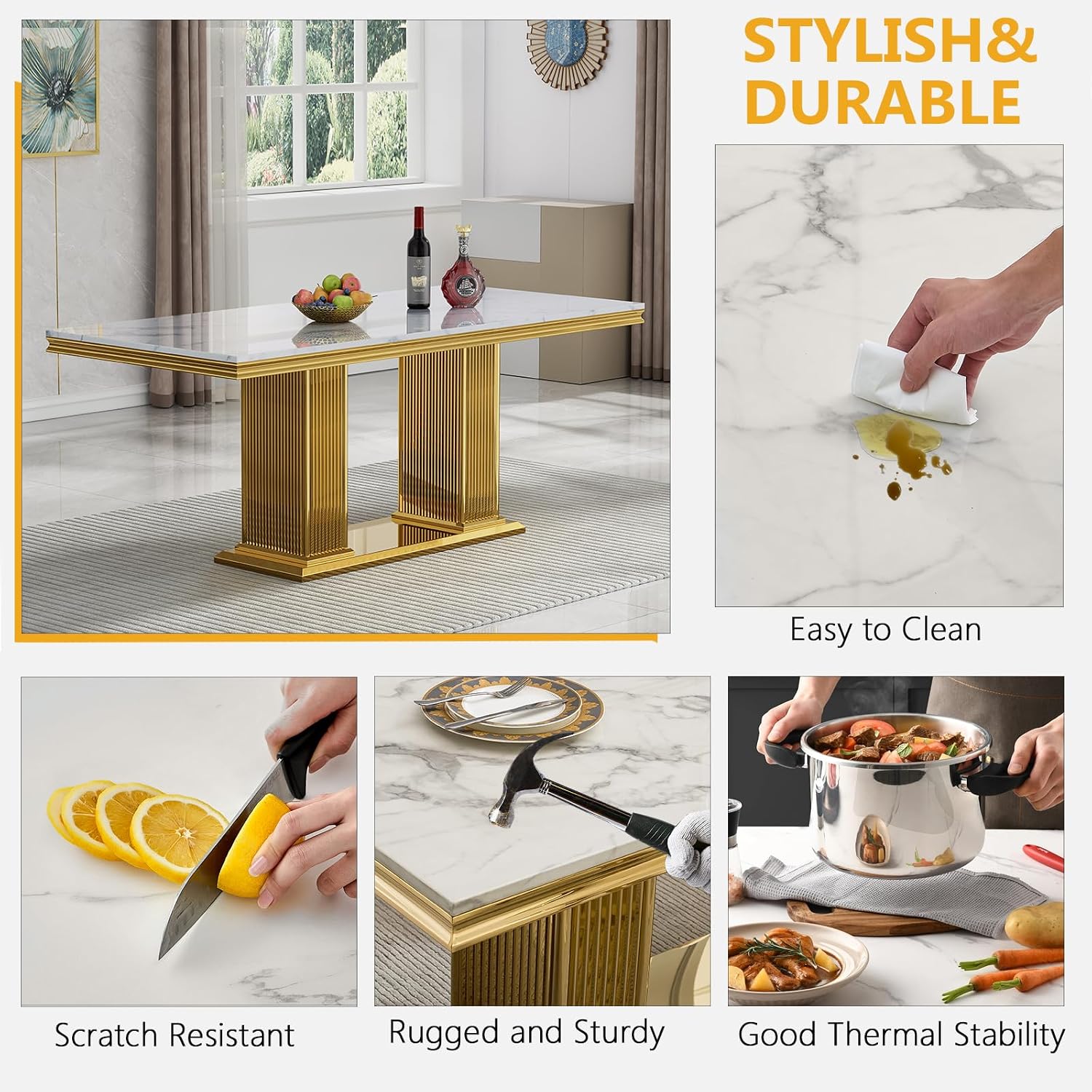 68 in Faux Marble Dining Table for 4-6, White Marble Dining Table with Gold Stainless Steel Base, Luxury Rectangular Dining Room Table for Kitchen, Living Room, Apartment, Family Meals, Dinner Parties