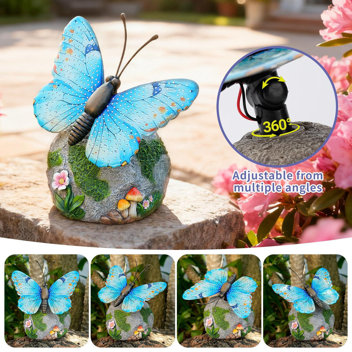 WSgift Solar Butterfly Garden Statue Weatherproof Outdoor Hand-Painted Decor Butterfly Resin Figurine Blue