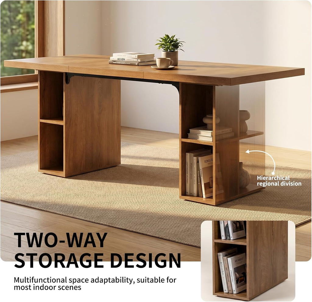 HIPIHOM 70.8'' Large Wooden Dining Table with 6 Open Storage Shelves,Multifunctional Kitchen Table and Computer Workstation, Suitable for 4-6 People, Family Dining Room