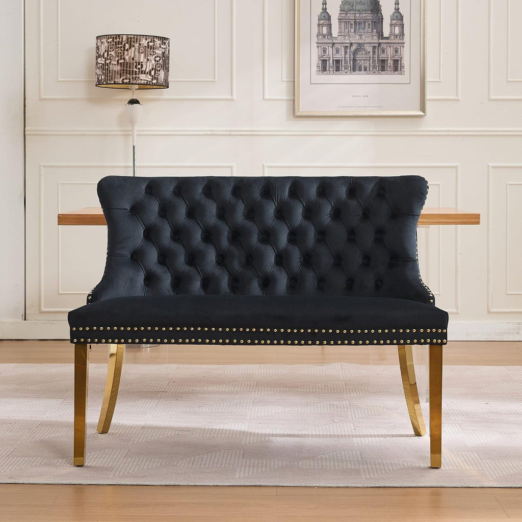 Modern Loveseat Settee Bench Sofa Couch, 46" Dining Bench with Wing Back,Nailhead Trim,Gold Stainless Steel Legs, Upholstered Banquette Entryway Bench for Dining Living Room Hallway Entryway,Black