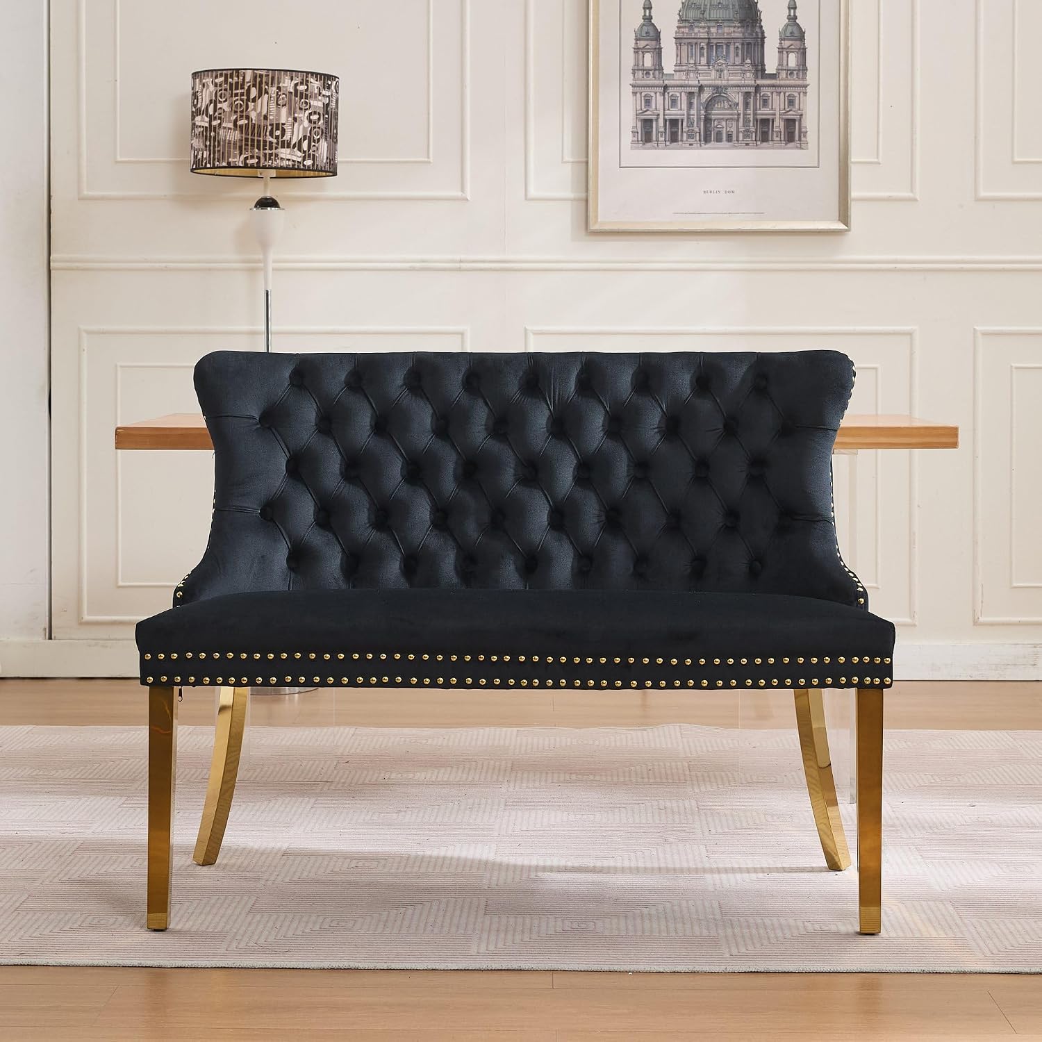 Modern Loveseat Settee Bench Sofa Couch, 46" Dining Bench with Wing Back,Nailhead Trim,Gold Stainless Steel Legs, Upholstered Banquette Entryway Bench for Dining Living Room Hallway Entryway,Black