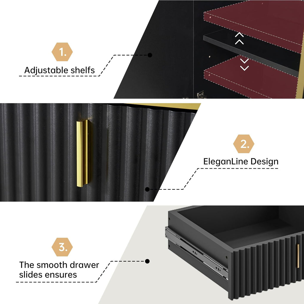 oneinmil 60” Modern Sideboard Buffet Cabinet, Fluted Storage Sideboard with Adjustable Shelves & Pop-Up Doors, Multifunctional Accent Cabinet for Kitchen, Living Room, Hallway, Black and Gold