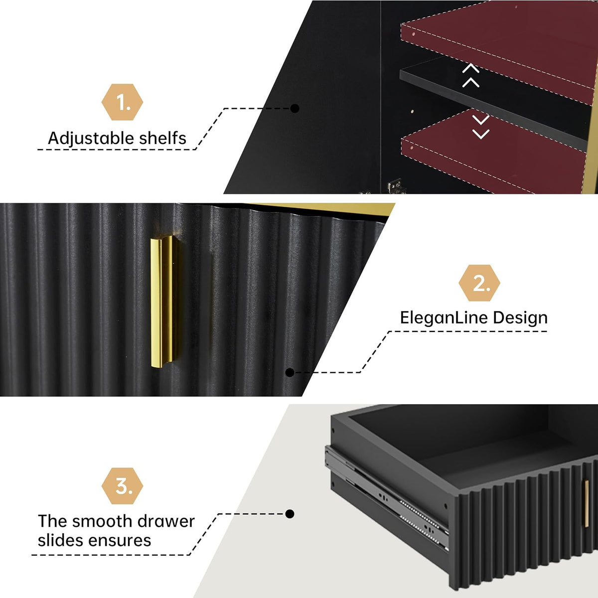 oneinmil 60” Modern Sideboard Buffet Cabinet, Fluted Storage Sideboard with Adjustable Shelves & Pop-Up Doors, Multifunctional Accent Cabinet for Kitchen, Living Room, Hallway, Black and Gold