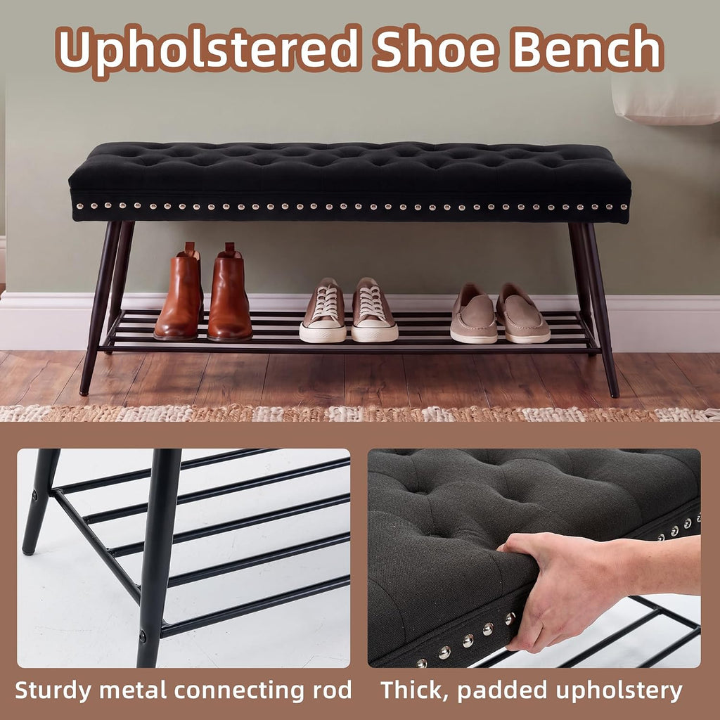 Mistpople Thick Cushioned Shoe Bench, Entryway Bench with Metal Shoe Rack, Upholstered Tufted Ottoman Bench for Bedroom, End of Bed Bench, Farmhouse Style Storage Bench for Hallway, Living Room
