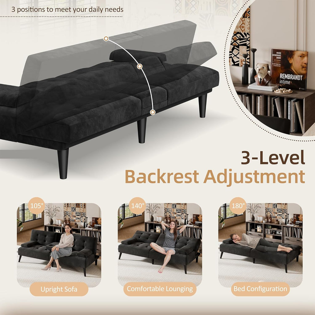 Shintenchi 64" Futon Sofa Bed, Velvet Foldable Couch, Upholstered Loveseat Sofa Couch with Folding Cup Holders, Reclining Sleeper with Removable Armrests for Home, Office, Black