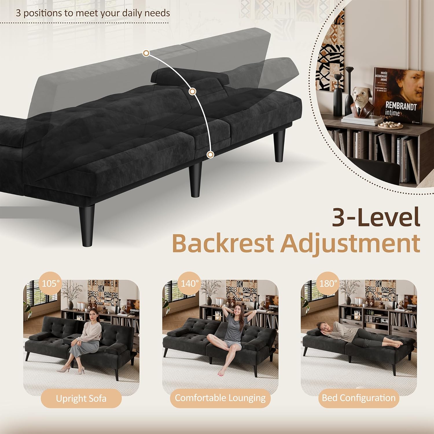 Shintenchi 64" Futon Sofa Bed, Velvet Foldable Couch, Upholstered Loveseat Sofa Couch with Folding Cup Holders, Reclining Sleeper with Removable Armrests for Home, Office, Black