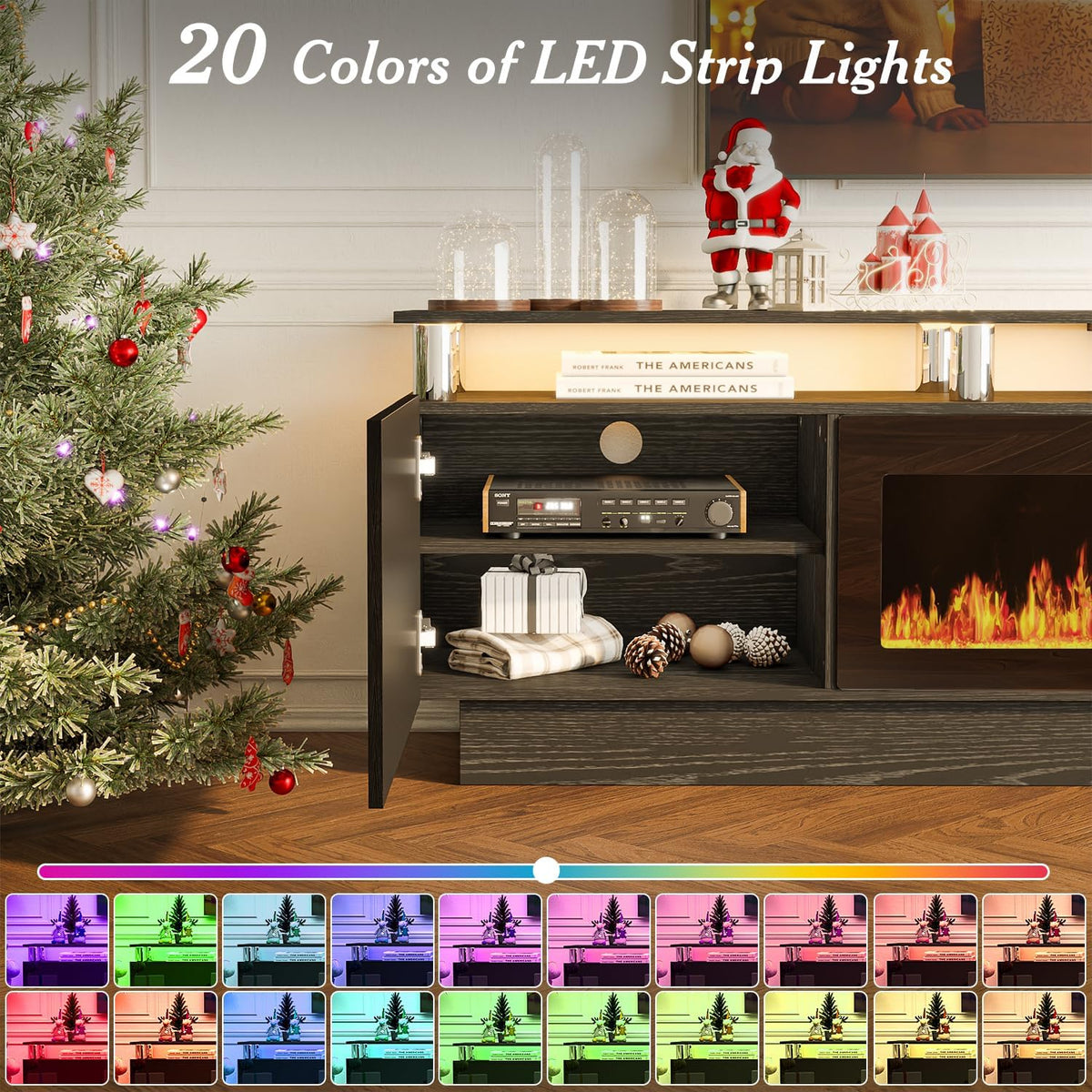 70" Fireplace TV Stand, Entertainment Center with 8 Stainless Steel, Black | 36" Electric Fireplace insert, Modern TV Console with LED light, 2-tier Media Console fits 80" TV, Spacious storage cabinets