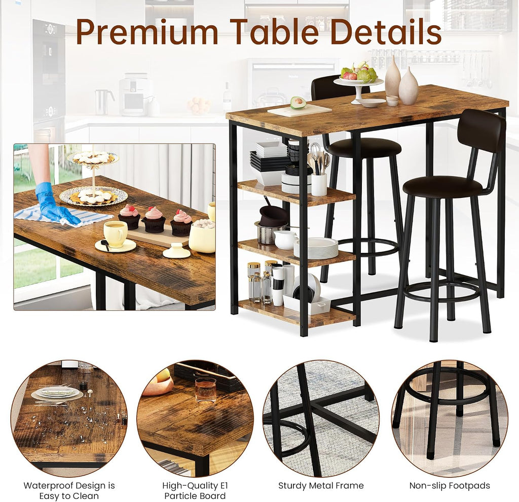 Recaceik Pub Dining Table Set for 2, Table and Bar Stools with 3 Storage Shelves, MDF Board & PU Leather Backrest Chairs, 3 Piece Dining Set for Small Space, Apartment, Kitchen Island, Brown