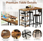 Recaceik Pub Dining Table Set for 2, Table and Bar Stools with 3 Storage Shelves, MDF Board & PU Leather Backrest Chairs, 3 Piece Dining Set for Small Space, Apartment, Kitchen Island, Brown