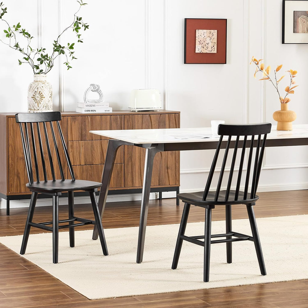 Black Dining Chairs Set of 6, Farmhouse Windsor Spindle Back | 17.5" Wide Seat, Solid Wood, Armless Design, Mid Century Modern, Kitchen & Dining Room Chairs, Easy Assembly