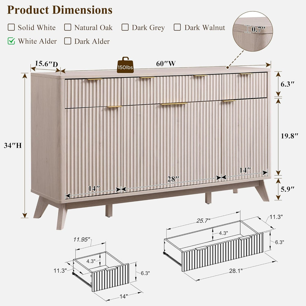 OKD Fluted Storage Cabinet with Drawers, 60" Morden Buffet Sideboard Coffee Bar Cabinet with 4 Doors and 3 Drawers for Dining Room, Living Room,Hallway (White Alder)