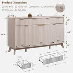 T4TREAM Large Buffet Sideboard Cabinet with Storages, 60" Fluted Modern Buffet Table Coffee Bar Wine Bar Storage Cabinet with 3 Drawers & 4 Doors for Dining Room, Living Room, Hallway(White Alder)