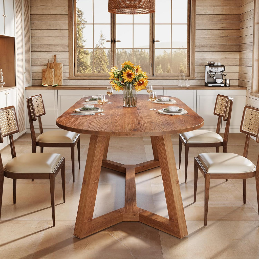 63" Solid Wood Oval Dining Table, Farmhouse Kitchen Table for 4-6 People, Rusitc Wood Dinner Table with Sturdy Base for Living Room, Dining Room, Apartment (Natural Brown)
