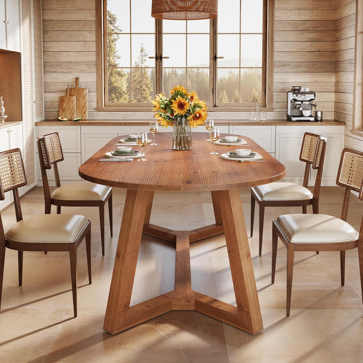 63" Solid Wood Oval Dining Table, Farmhouse Kitchen Table for 4-6 People, Rusitc Wood Dinner Table with Sturdy Base for Living Room, Dining Room, Apartment (Natural Brown)