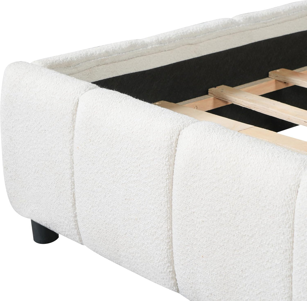 Merax Boucle Upholstered Queen Bed Frame with 42.7" High Headboard & 3.9" Thick, Vertical Stripe Tufting Design, Modern Queen Size Platform Bed, Solid Wood Support Leg, Bear 600Lbs, Off White