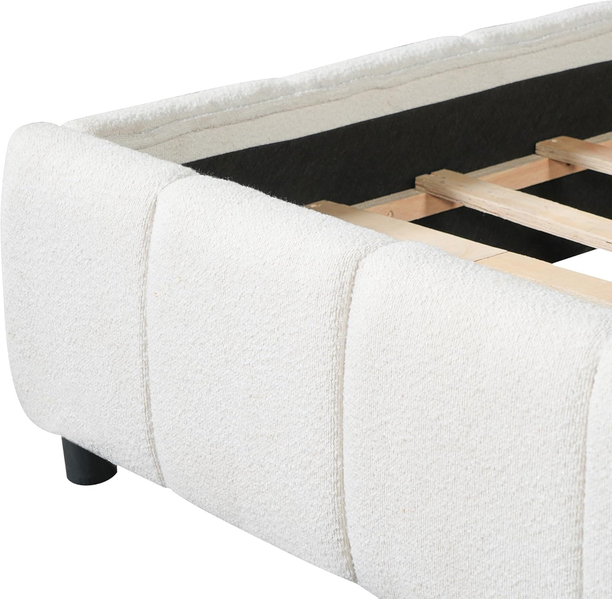 Merax Boucle Upholstered Queen Bed Frame with 42.7" High Headboard & 3.9" Thick, Vertical Stripe Tufting Design, Modern Queen Size Platform Bed, Solid Wood Support Leg, Bear 600Lbs, Off White