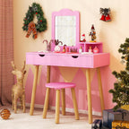 Costzon Kids Vanity Set, Girls Vanity Set with Mirror and Stool, 2 Large Drawers, Storage Shelf, Wooden Princess Makeup Dressing Table, Vanity Table and Chair Set for Toddlers (Pink)
