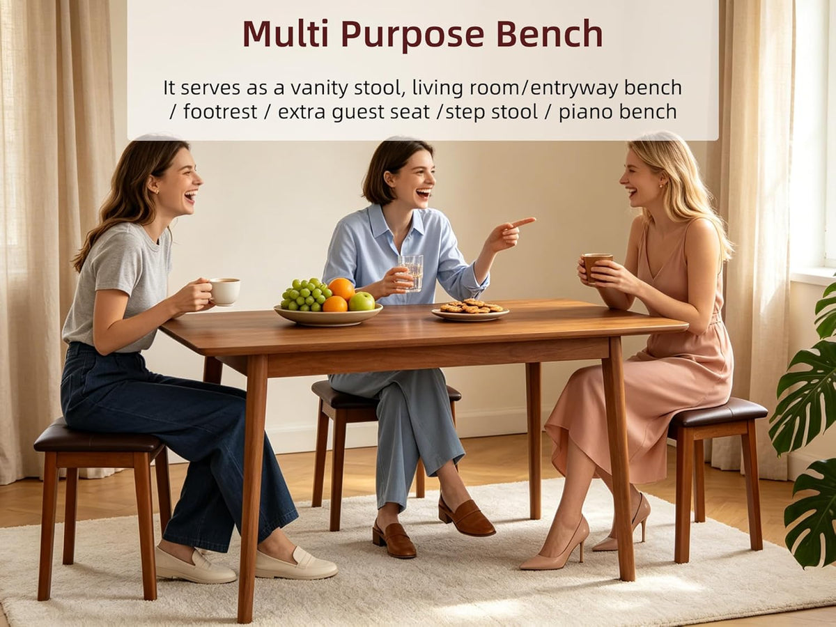 Solid Wood Vanity Stool with Cushion, 11" D x 15" W x 18" H - Small Wooden Ottoman Bench Chair Padded Seat for Bedroom/Living Room/Office/Makeup Vanity/Closet/Desk - Brown