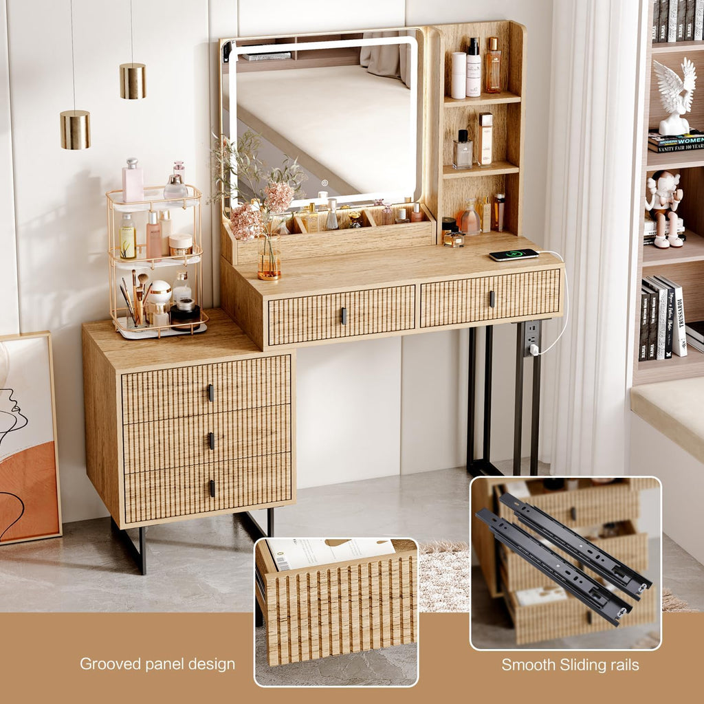 Large Vanity Desk with 3 Color Touch Screen Dimming Mirror, Vanity Desk with Charging Station, Modern Retractable Makeup Dressing Table, Makeup Table With storage shelves and 5 Sliding Drawers, Wood