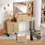 Large Vanity Desk with 3 Color Touch Screen Dimming Mirror, Vanity Desk with Charging Station, Modern Retractable Makeup Dressing Table, Makeup Table With storage shelves and 5 Sliding Drawers, Wood