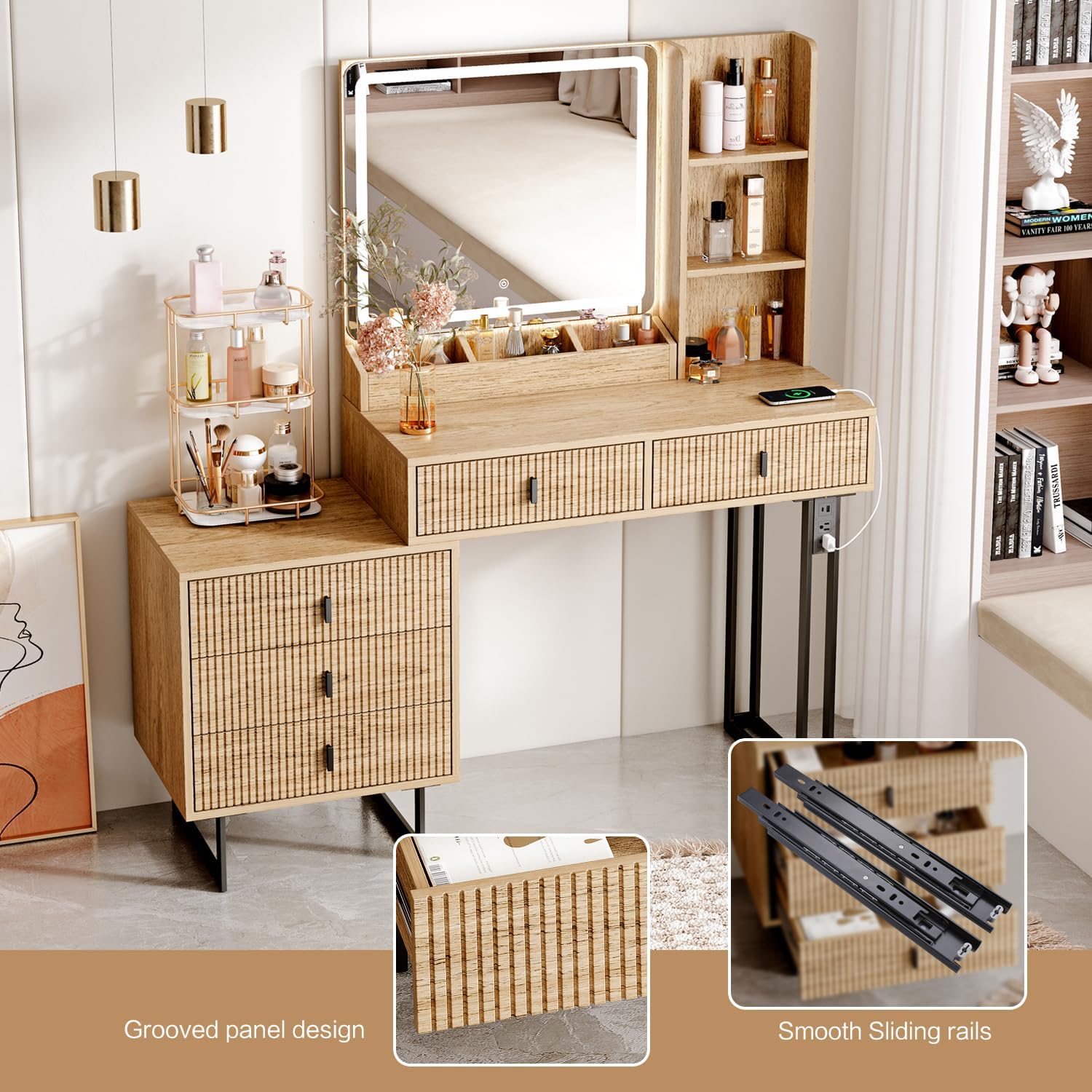 Large Vanity Desk with 3 Color Touch Screen Dimming Mirror, Vanity Desk with Charging Station, Modern Retractable Makeup Dressing Table, Makeup Table With storage shelves and 5 Sliding Drawers, Wood