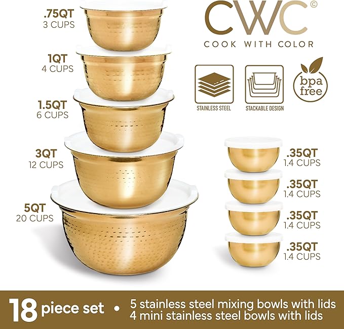 COOK WITH COLOR 18 Piece Mixing Bowls Set with Airtight Lids, Stainless Steel Bowl Organizers, Food Storage Containers, Meal Prep, Nesting Salad Bowls For Cooking, Baking, Kitchen, Gold - Hammered