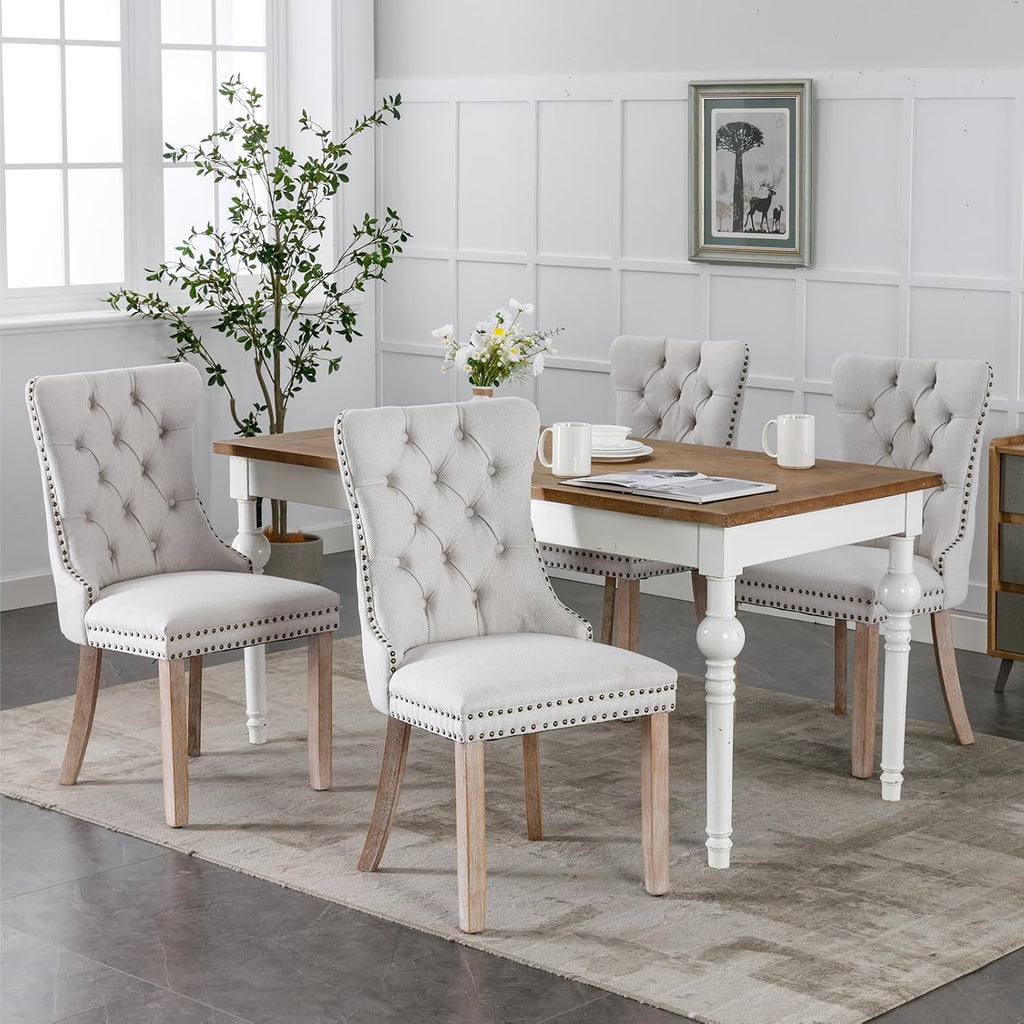 Linen Upholstered Dining Chairs Set of 2, Beige Mid Century Modern Dining Chairs, Kitchen & Dining Room Chairs with Wood Legs, Sillas de Comedor (Beige, 2 Pcs)