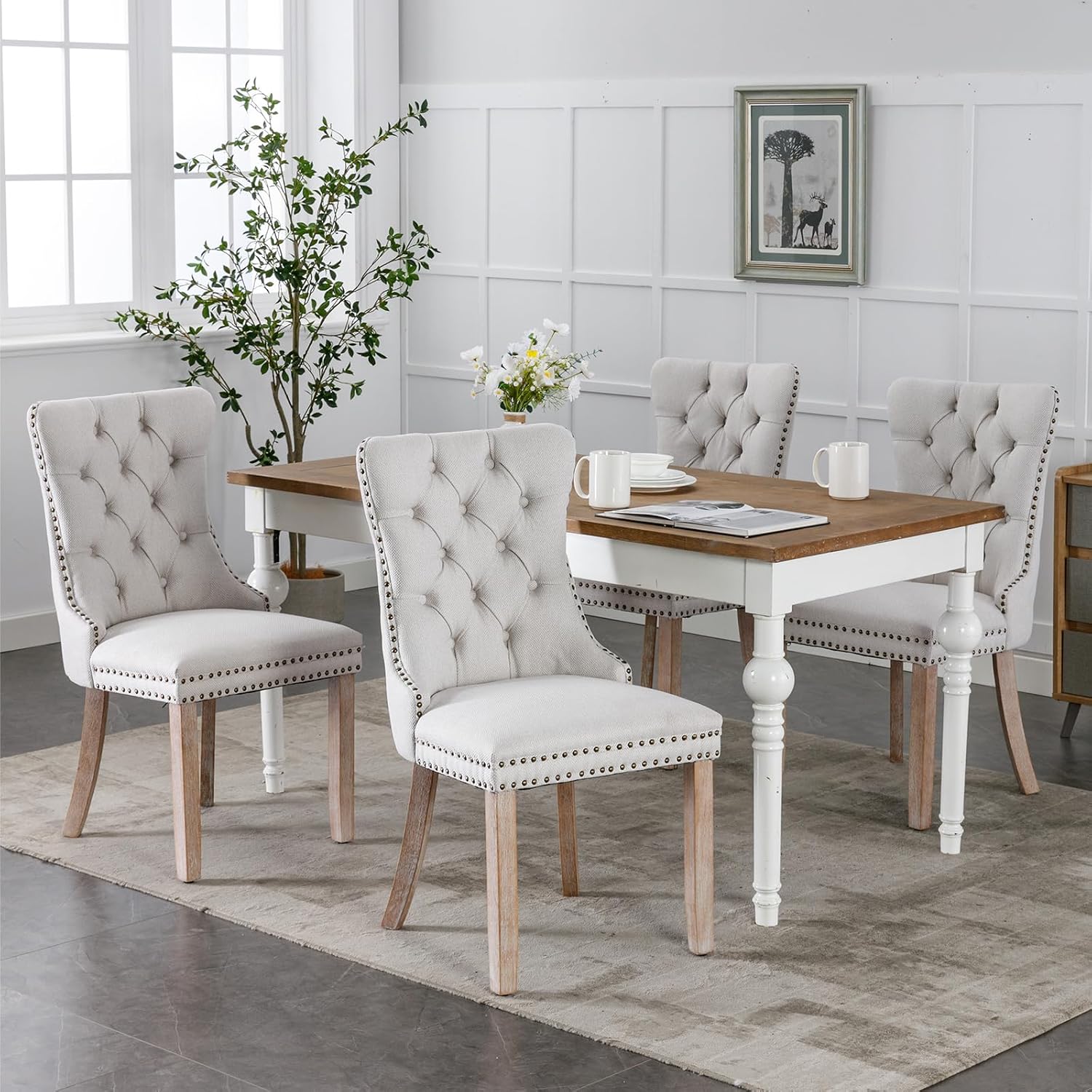 Linen Upholstered Dining Chairs Set of 2, Beige Mid Century Modern Dining Chairs, Kitchen & Dining Room Chairs with Wood Legs, Sillas de Comedor (Beige, 2 Pcs)