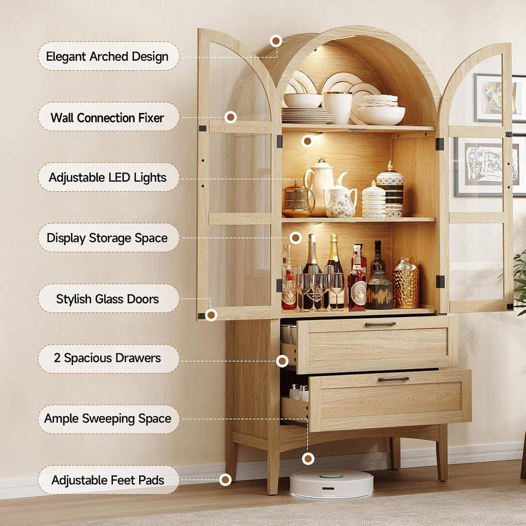 ONBRILL 71" Tall Arched Display Cabinet with LED Lights, Arched Kitchen Pantry with 2 Drawers, Modern Display Storage Cabinets with Adjustable Feet, Pantry Cabinet for Kitchen, Living/Dining Room