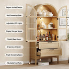 ONBRILL 71" Tall Arched Display Cabinet with LED Lights, Arched Kitchen Pantry with 2 Drawers, Modern Display Storage Cabinets with Adjustable Feet, Pantry Cabinet for Kitchen, Living/Dining Room