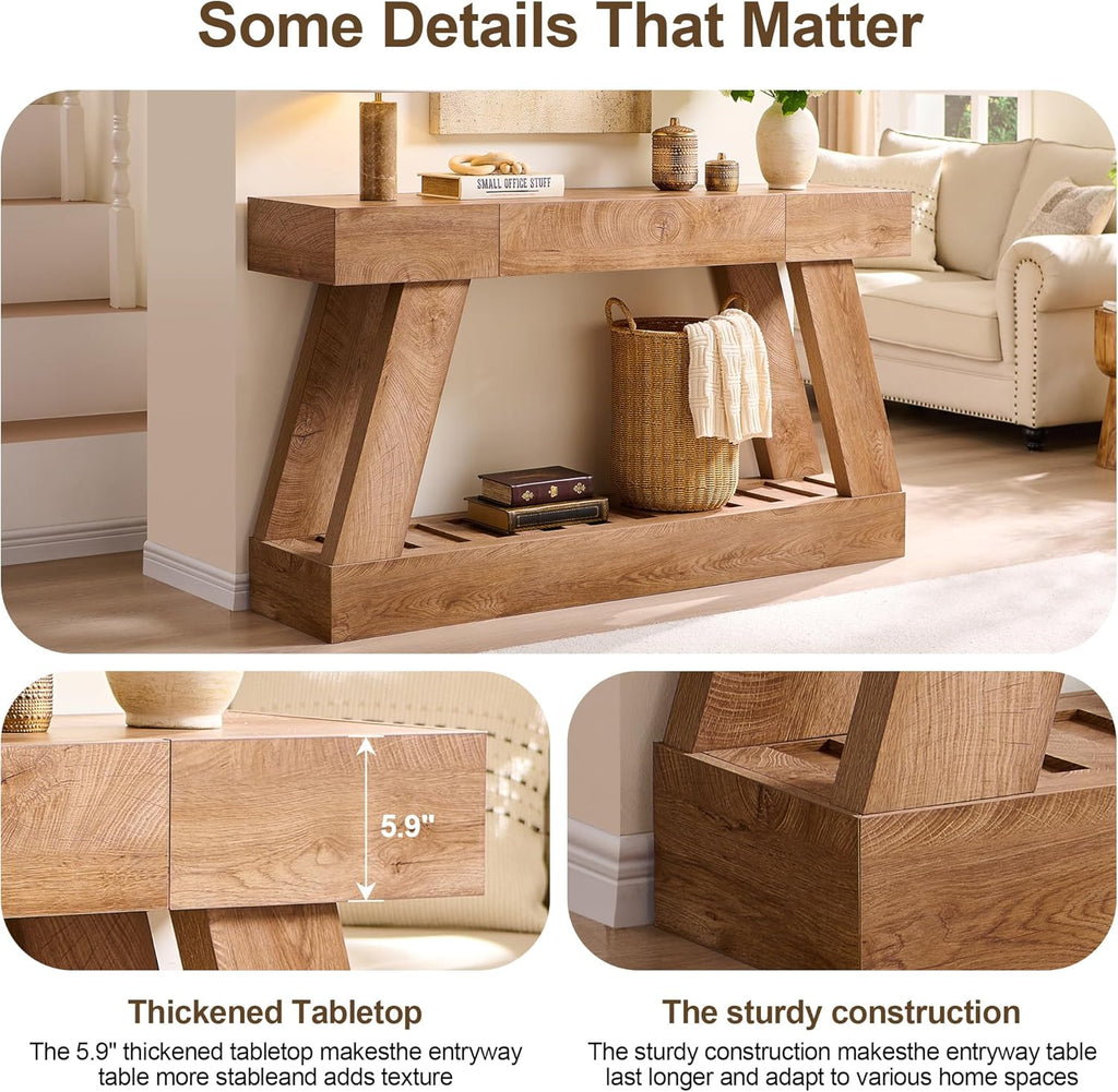 60" Farmhouse Entryway Table, Console Table with Drawer, Narrow Long Wood Sofa Table for Living Room, Wooden Hallway Foyer Table with Heavy Duty Base, Entry Table for Entrance(Light Knotty Oak)