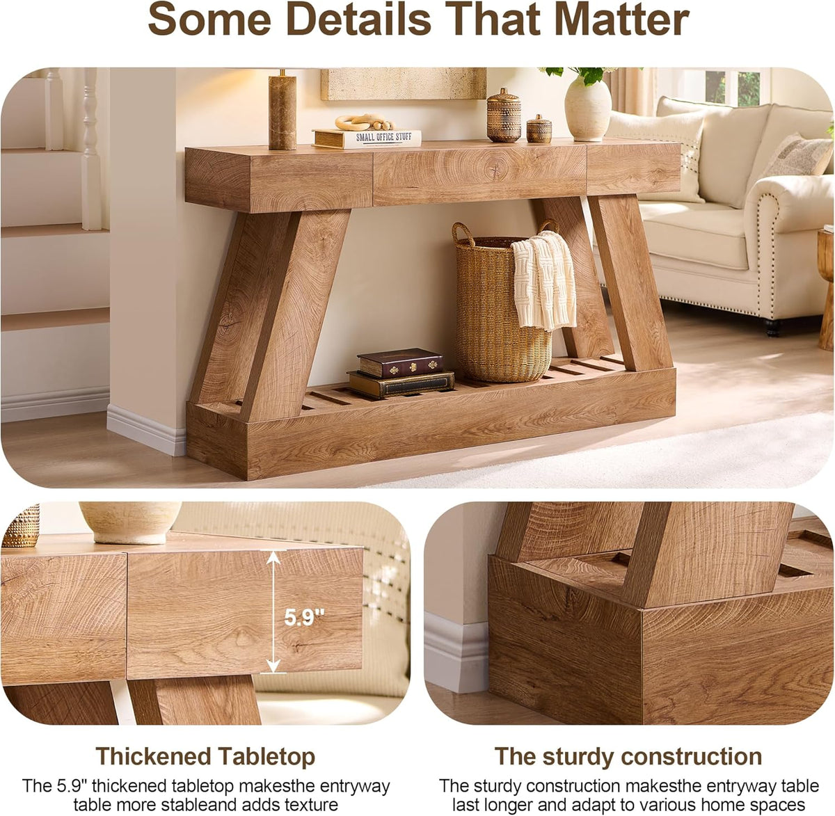 60" Farmhouse Entryway Table, Console Table with Drawer, Narrow Long Wood Sofa Table for Living Room, Wooden Hallway Foyer Table with Heavy Duty Base, Entry Table for Entrance(Light Knotty Oak)