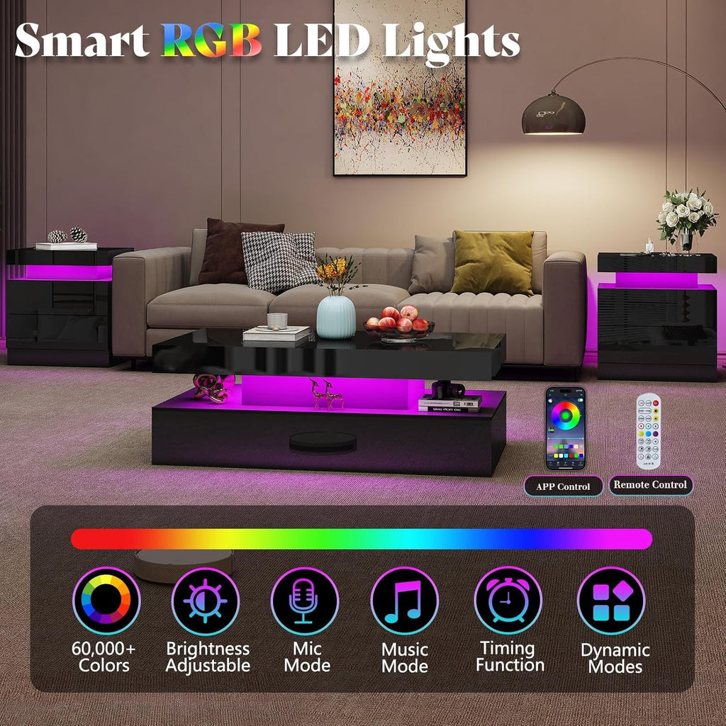 AMERLIFE High Gloss 3 Pieces Living Room Table Set, Modern LED Coffee Table Sets of 3, 2-Tier Center Table with 2 End Side Tables, LED Lights Bedside Table Nightstands with Charging Station, Black