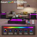 AMERLIFE High Gloss 3 Pieces Living Room Table Set, Modern LED Coffee Table Sets of 3, 2-Tier Center Table with 2 End Side Tables, LED Lights Bedside Table Nightstands with Charging Station, Black