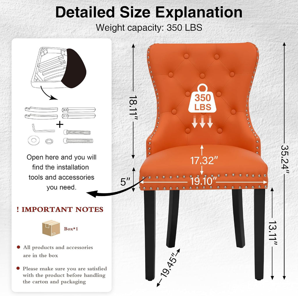 adochr PU Leather Dining Chairs Set of 2, Tufted Upholstered Dining Room Chair with Pull Ring and Solid Wood Legs, Orange
