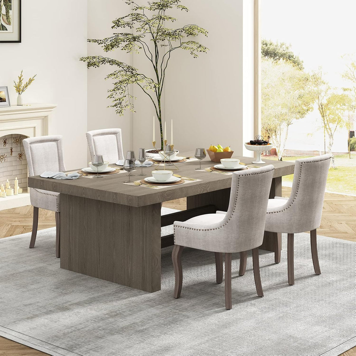 Upholstered Dining Chairs Set of 8, Beige Fabric Kitchen Chair with Nailhead Trim, Farmhouse High Back Kitchen & Dining Room Chairs, Solid Wood Legs, Sillas de Comedor (Beige, 8 Pcs)
