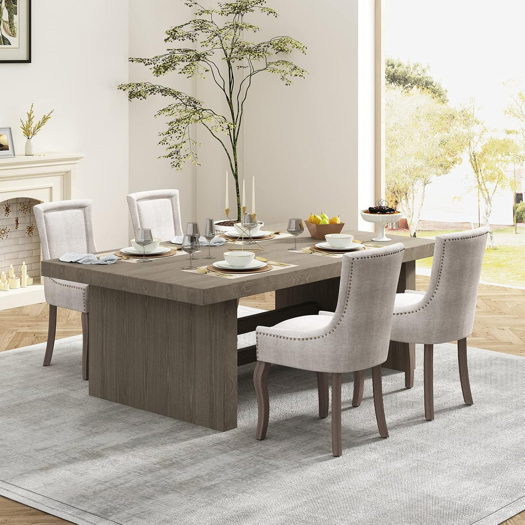 Upholstered Dining Chairs Set of 2, Beige Fabric Kitchen Chair with Nailhead Trim, Farmhouse High Back Kitchen & Dining Room Chairs, Solid Wood Legs, Sillas de Comedor (Beige, 2 Pcs)