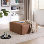 35" Faux Leather Large Square Ottoman Coffee Table for Living Room, Brown | Big Couch Ottoman Footstool