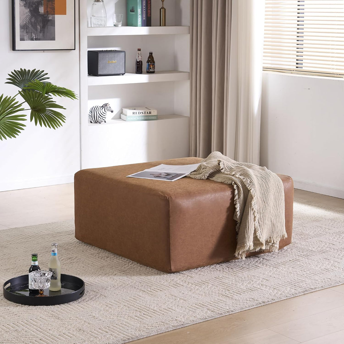 35" Faux Leather Large Square Ottoman Coffee Table for Living Room, Brown | Big Couch Ottoman Footstool