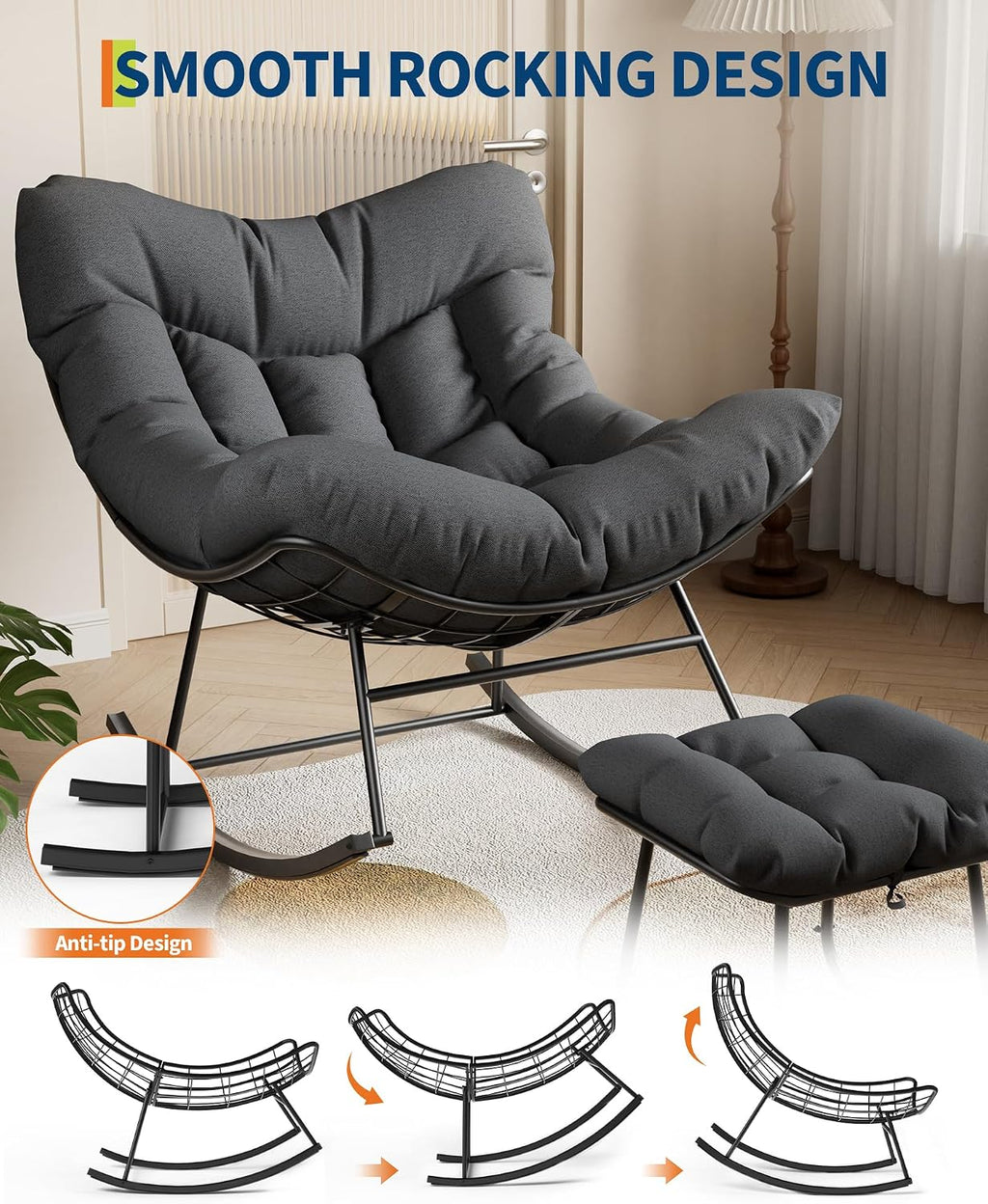 GarveeLife Oversized Papasan Rocking Chair with Footrest, Outdoor Lounge Chair with Ottoman and Sturdy Metal Frame, Patio Egg Rocker for Balcony Backyard Porch Bedroom, Grey