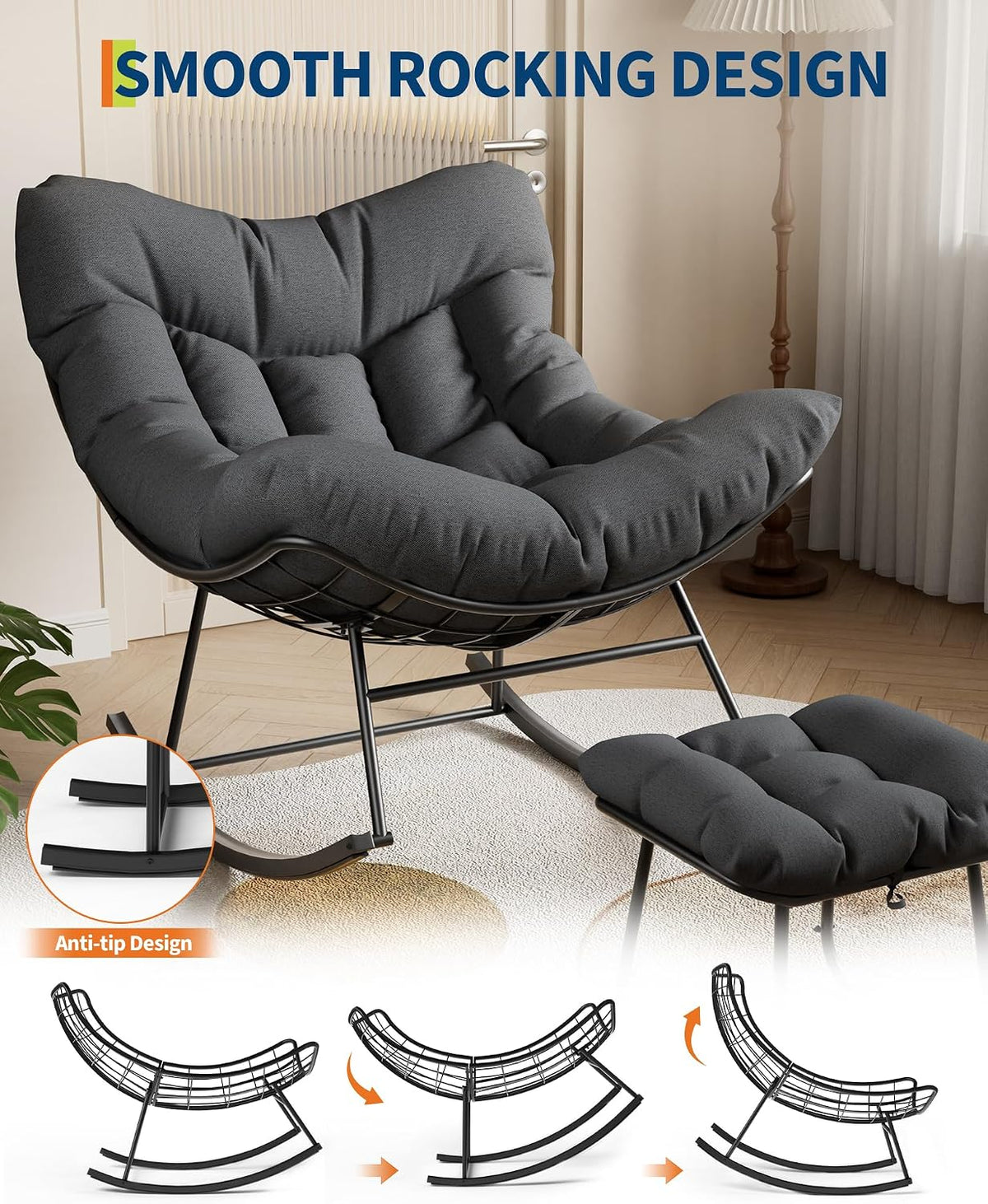 GarveeLife Oversized Papasan Rocking Chair with Footrest, Outdoor Lounge Chair with Ottoman and Sturdy Metal Frame, Patio Egg Rocker for Balcony Backyard Porch Bedroom, Grey