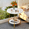 Tribesigns 2 Tier Round Side Table, Faux Marble End Table with Shelf, Small Gold Accent Nightstand for Living Room, Bedroom or Couch Side, White and Gold