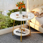 Tribesigns 2 Tier Round Side Table, Faux Marble End Table with Shelf, Small Gold Accent Nightstand for Living Room, Bedroom or Couch Side, White and Gold